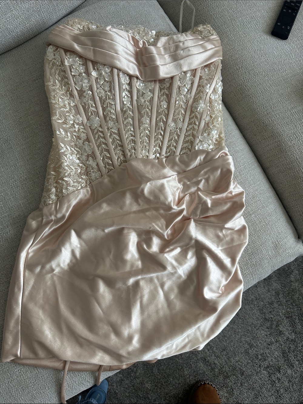 Strapless Lace & Satin Prom Dress in Blush